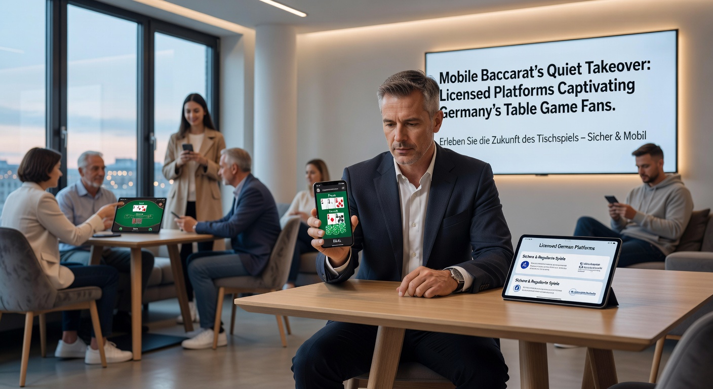 Live-Dealer beim Mobile Baccarat auf Tablet, mit deutschen Spielern im Hintergrund, hebt lizenzierte Qualität und Mobilität hervor